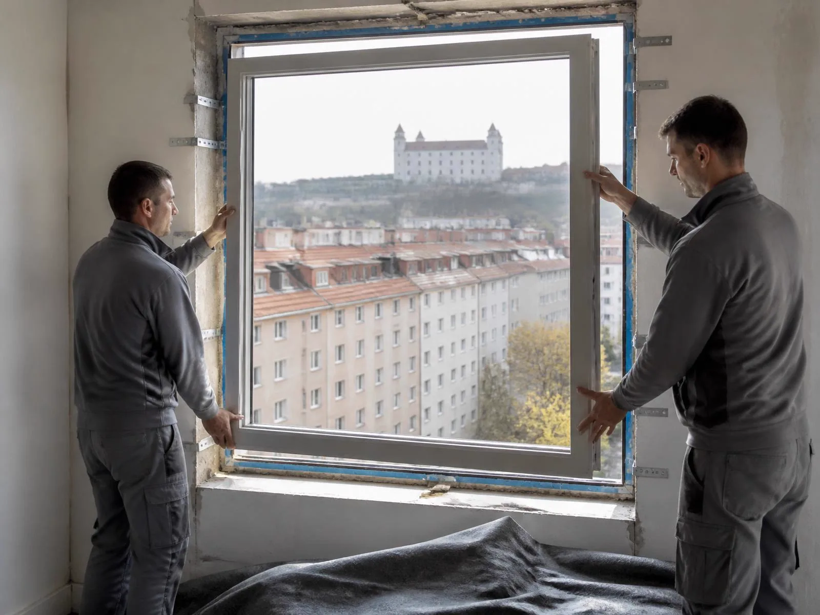 Montážnik osádza nové okno do pripraveného otvoru v bytovom dome